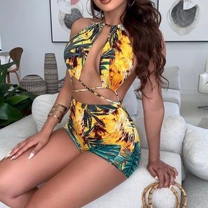 Tropical Halter Tie Open Back Romper - NEW